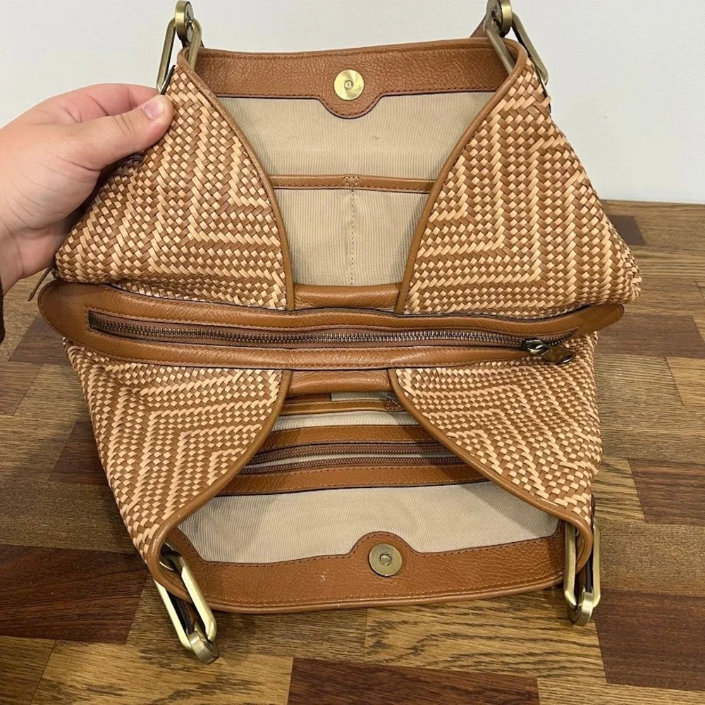Michael Kors Brooklyn Woven Chevron Leather Shoulder Bag Tan Brown Tassel Hobo